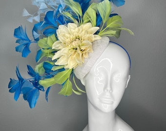 Vibrant Turquoise Blue and  Lime Green Feathered Ivory Bloom Statement Fascinator Kentucky Derby