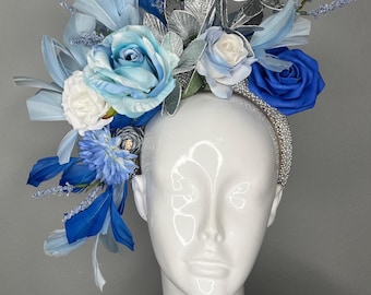 Icy Blue and Royal Sapphire Statement Fascinator with Silver Accents and Feather Detail Kentucky Derby