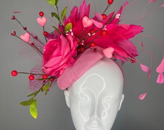 Couture Pink Fascinator with Hearts & Feathers – Modern Kentucky Derby Statement Hat
