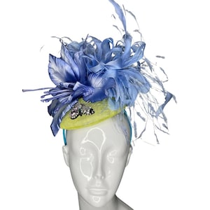 Title: Elegant Blue and Yellow  Feather Fascinator  Statement Hat for Derby, Weddings and Special Events