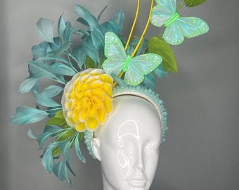 Aqua Garden Butterfly and Golden Bloom Feather Fascinator Hat