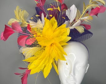 Vibrant Garden Statement Fascinator Yellow Bloom with Fuchsia Purple  Feather Spray  Kentucky Derby Hat