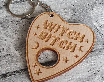 Witch Bitch Planchette Keychain - Halloween Keyring - Perfect Gift For Halloween - Wooden Keyring - Stars - Moon - Bats - Ghost - Ouija