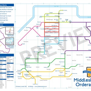 Könnte beinhalten: Eine farbenfrohe Karte von Middlesbrough, England, mit Linien und Symbolen, die verschiedene Gebiete und Routen darstellen. Die Karte enthält ein Verzeichnis der Orte und einen Schlüssel zu den Linien und Symbolen. Die Karte trägt den Titel "Middlesbrough Orderaround" und zeigt ein Bierglas-Symbol.