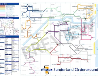 Puede incluir: Un mapa detallado de Sunderland, Inglaterra, con una red de líneas de colores que representan varias rutas y distritos. El mapa incluye una clave, rutas geográficas y un directorio. El logotipo y el texto "Orderaround" son visibles en la parte inferior.