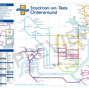 Puede incluir: Un mapa colorido titulado "Stockton-on-Tees Orderaround" con una leyenda de líneas y símbolos. El mapa presenta rutas geográficas y un directorio de ubicaciones. El mapa es una guía de la zona.