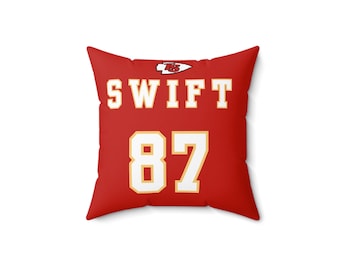 Swifty and Kelce KC Chiefs Game Day Throw Pillow - SWIFT 87 Red Tailgating Essential Spun Polyester Square Pillow