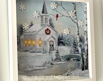 Shadow Box Christmas Church in snow with red cardinals and loose snow 12x12