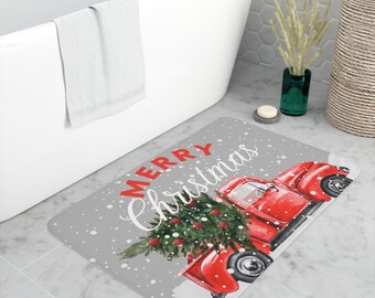 Red Truck Christmas Memory Foam Bath Mat - Red Truck Christmas