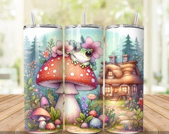 Cute Cottage Core Tumbler, Pastel Frog & Mushroom 20 oz Tumbler, Gift For Her, Perfect for Keeping Drinks Hot or Cold!