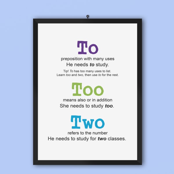 To Too Two | Grammar Poster | Back to School | English Teacher Printable | Home School | Education Poster