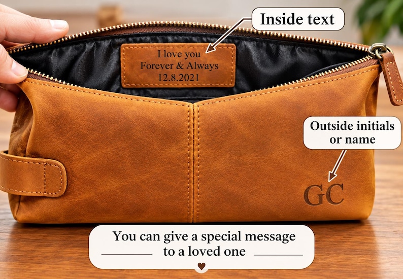 Personalized Leather Toiletry Bag, Full Grain Dopp Kit, Custom Engraved Travel Bag, Gift For Groomsmen, Anniversary, Graduation bild 6