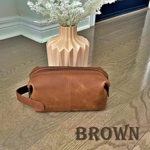 Personalized Leather Toiletry Bag, Full Grain Dopp Kit, Custom Engraved Travel Bag, Gift For Groomsmen, Anniversary, Graduation BROWN LARGE