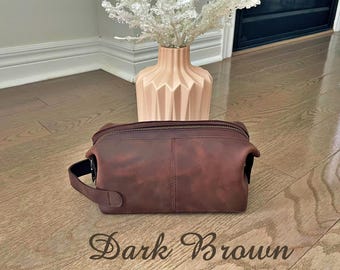 Personalized Leather Toiletry Bag, Full Grain Dopp Kit, Custom Engraved Travel Bag, Gift For Groomsmen, Anniversary, Graduation