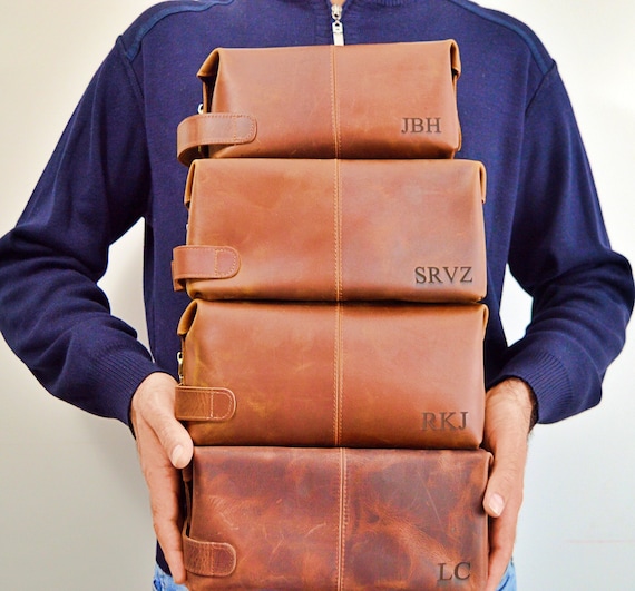 Personalized Leather Toiletry Bag, Full Grain Dopp Kit, Custom Engraved Travel Bag, Gift For Groomsmen, Anniversary, Graduation