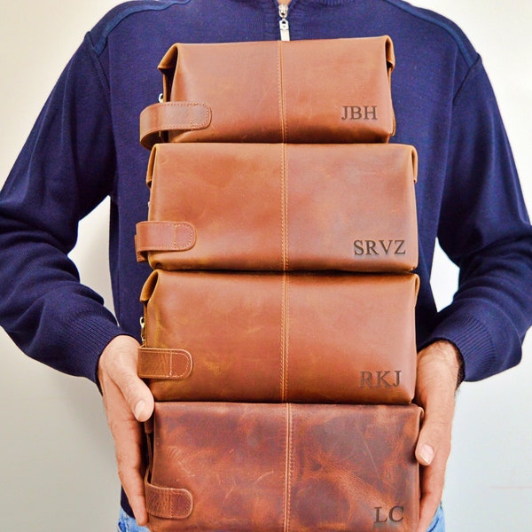 Personalized Leather Toiletry Bag, Full Grain Dopp Kit, Custom Engraved Travel Bag, Father’s Day Gift