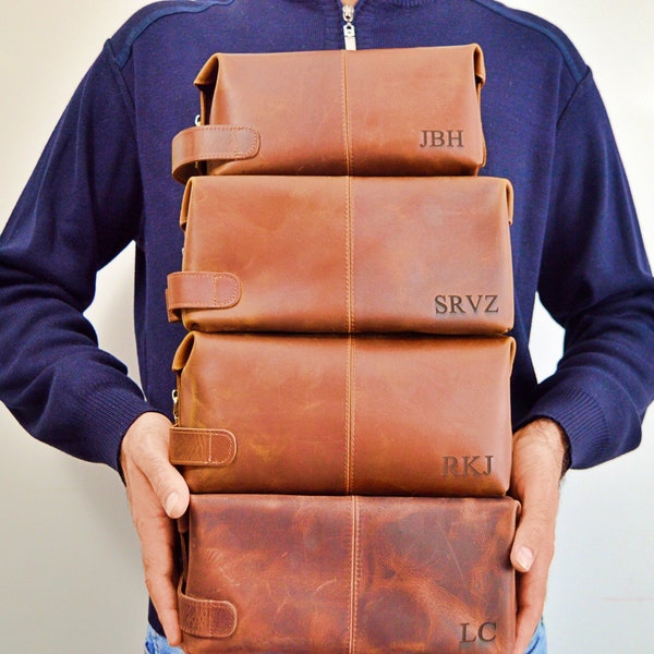 Personalized Leather Men Toiletry Dopp Bag, Gift for Father's Day, Dad Boyfriend, Husband, Him, Anniversary, Groomsmen, Custom Travel Kit