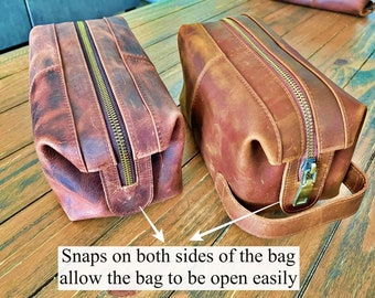 Personalized Leather Toiletry Bag, Full Grain Dopp Kit, Custom Engraved Travel Bag, Gift For Groomsmen, Anniversary, Graduation
