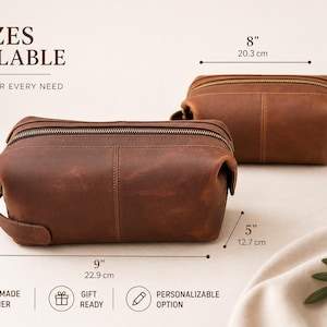 Personalized Leather Toiletry Bag, Full Grain Dopp Kit, Custom Engraved Travel Bag, Gift For Groomsmen, Anniversary, Graduation DARK BROWN LARGE