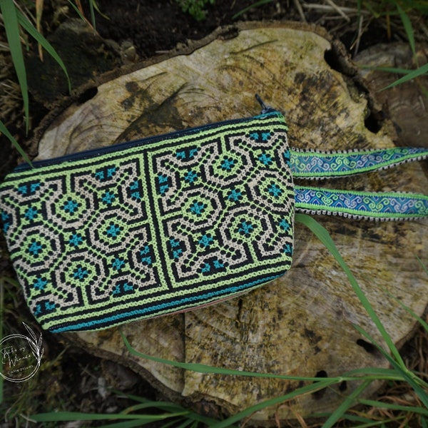 Cosmetic bag Green stitch, makeup pouch, zipper bag, toiletry box, vintage hemp fabric from the Hmong tribe, special gift, travel kit holder