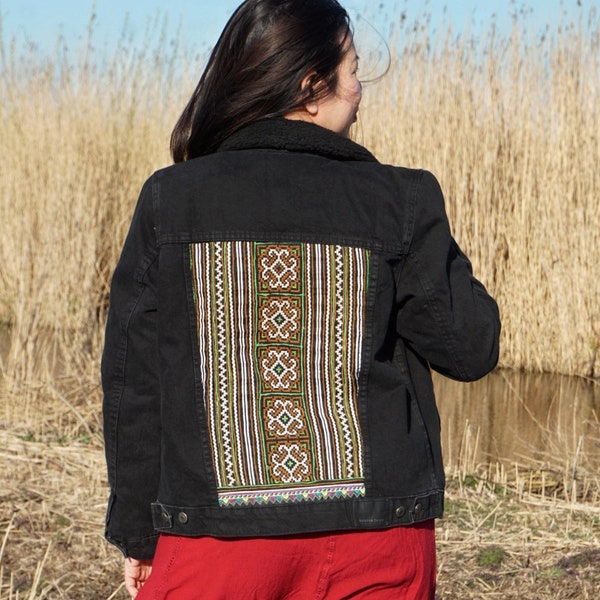 Jeans jacket Oriental black, nice cool jeans jacket with embroidery of the Hmong tribe, embroidery, jeans, fashion, top fashion style