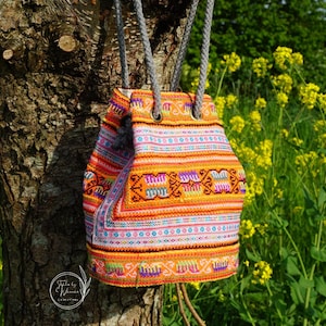 Hmong Tribe Vintage Fabric Bucket Bag: Mini Embroidered Boho Handbag