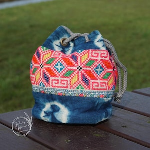 Hmong Tribe Vintage Embroidery Bucket Bag: Indigo Pink Boho Handbag