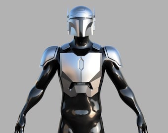 May include: A black and silver Mandalorian armor set. The helmet, shoulder pads, and chest plate are silver, while the rest of the suit is black. The Instagram handle @evolv_studios is in the top right corner.