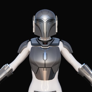 Puede incluir: Una armadura futurista plateada y negra con un casco. La armadura tiene una placa de pecho con un panel plateado y un panel negro con una peque&ntilde;a luz roja. El casco tiene una visera plateada y detalles negros.