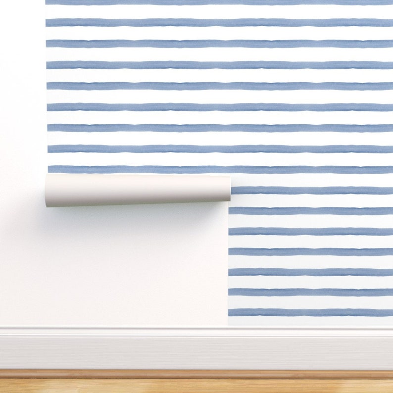 Blue Watercolor Stripes Wallpaper - Coastal Preppy Style, Blue and White Watercolor Pattern, Nursery Room Decor, Removable Wallpaper 