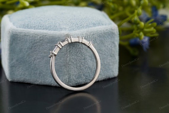 Alternating Baguette and Round Lab Grown Diamond Wedding Band, Half Eternity White Gold Stackable Ring Matching Dainty Ring Promise Gifts