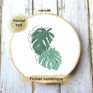 May include: A digital download of a line art illustration of two tropical leaves in green and black on a white background. The text "Format PDF" and "Fichier numérique" is visible in the image.