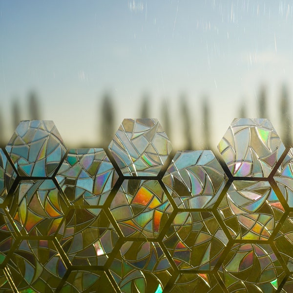 Set med 12 elektrostatiska hexagonsolfångare – självlysande fönsterklistermärken – regnbågsreflektioner och fågelskrämmare