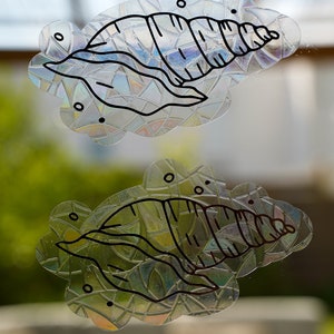 Peut inclure: Deux autocollants irisés avec un motif de coquillage. Les autocollants sont sur une surface en verre transparente. Les coquillages sont soulignés en noir.