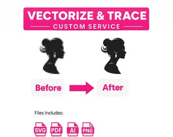 Puede incluir: Imagen que promociona un servicio de vectorización. Muestra una silueta antes y después del procesamiento, con el texto "VECTORIZE & TRACE CUSTOM SERVICE". Los tipos de archivo incluidos son SVG, PDF, AI y PNG, mostrados debajo de la comparación.