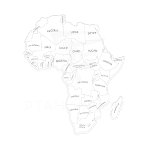 May include: A black and white outline map of Africa with the borders of each country labeled. The map shows the countries of Morocco, Algeria, Tunisia, Libya, Egypt, Mauritania, Mali, Niger, Chad, Sudan, South Sudan, Ethiopia, Somalia, Senegal, Guinea, Burkina Faso, Cote d'Ivoire, Ghana, Benin, Nigeria, Cameroon, Gabon, Congo, Central African Republic, Democratic Republic of the Congo, Angola, Zambia, Namibia, Botswana, Zimbabwe, Mozambique, South Africa, Kenya, Tanzania, and Madagascar.
