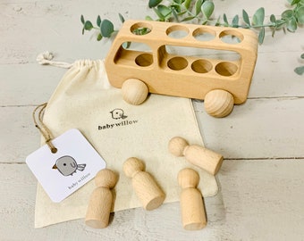 Wooden Montessori Play Vehicle | Natural Wood Toys | Bus & Peg People  | Organic Cotton Storage Bag | Learning Through Play