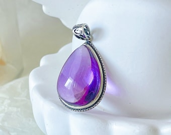 Handmade Amethyst Drop Pendant – 925 Sterling Silver – Chakra Energy – Drop Shape – Boho Healing Crystal – Spiritual Gift