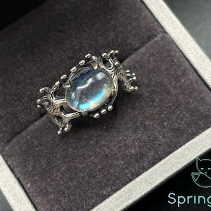 Könnte beinhalten: Ein silberner Ring mit einem ovalen, irisierenden Edelstein. Das Band des Rings hat ein detailliertes, astähnliches Design. Der Ring wird in einer dunkelgrauen Schmuckschatulle präsentiert. Das Spring Fox-Logo ist sichtbar.