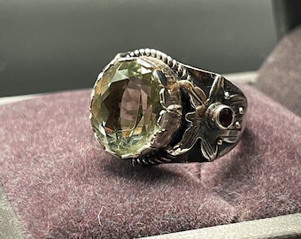 925 Silver Handmade Beryl Ring with Garnet Accent – Adjustable Statement Gemstone Ring – Spring Fox Boho Jewelry