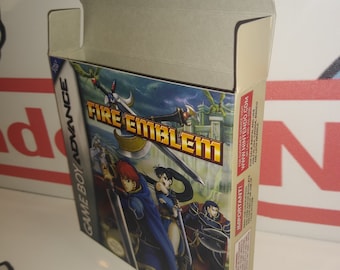 May include: A Game Boy Advance game case for Fire Emblem. The case is beige with a brown top flap. The front of the case features a colorful image of three characters from the game. The text "GAME BOY ADVANCE" is printed on the left side of the case. The text "FIRE EMBLEM" is printed in large, bold letters across the center of the case. The ESRB rating "E for Everyone" is printed in the lower right corner of the case.