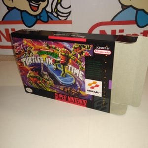 May include: A Teenage Mutant Ninja Turtles: Turtles in Time Super Nintendo game cartridge box. The box is black with a purple and white Konami logo. The front of the box features a colorful illustration of the four Teenage Mutant Ninja Turtles in action.