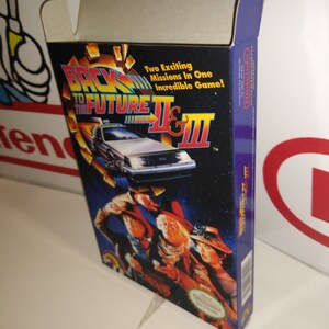 May include: A box for a Nintendo Entertainment System video game, Back to the Future II & III. The box features a black background with a white and blue DeLorean time machine, and the characters Marty McFly and Doc Brown. The text on the box reads "Two Exciting Missions In One Incredible Game!" and "Back to the Future II & III".