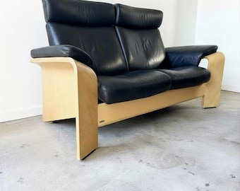 Vintage Ekornes Stressless Pegasus Black Leather and Wood Reclining Loveseat