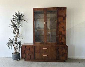 Lane Brutalist Walnut Credenza and Hutch