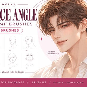 May include: A digital product set titled APOO WORKS FACE ANGLE STAMP BRUSHES featuring 81 brushes for Procreate. The image displays a detailed concept illustration of a person alongside a grid of six line-art head sketches in various angles.