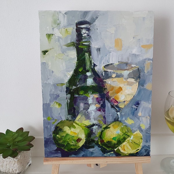 Bottle with Limes Impasto Original Artwork in Oil 9 by12 inch