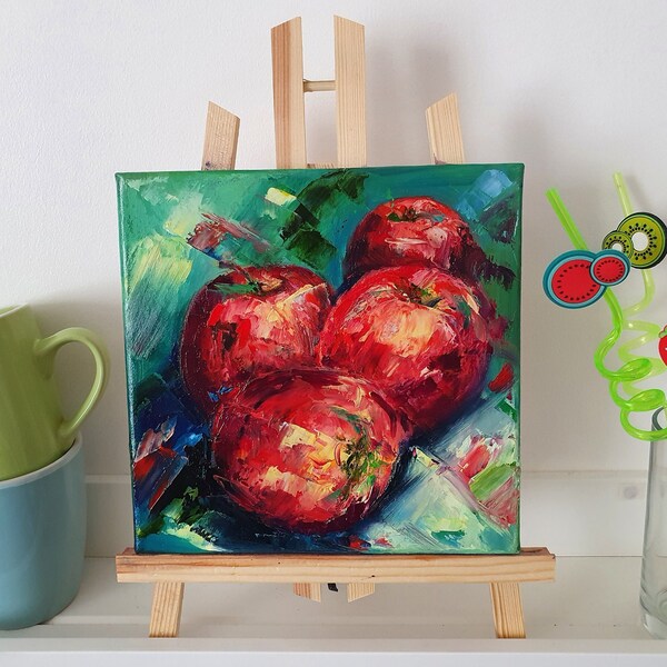 Red Apples Impasto Original Oil Painting 8 by 8 inch