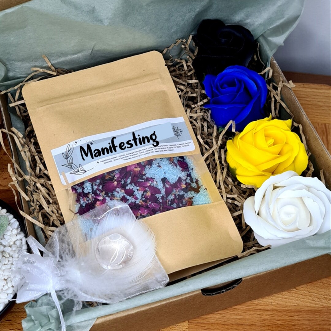 Manifesting Bath Ritual Box No Mess Crystals Bath Salt Blend Flowers ...