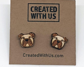 Pug dog stud birch wood earrings